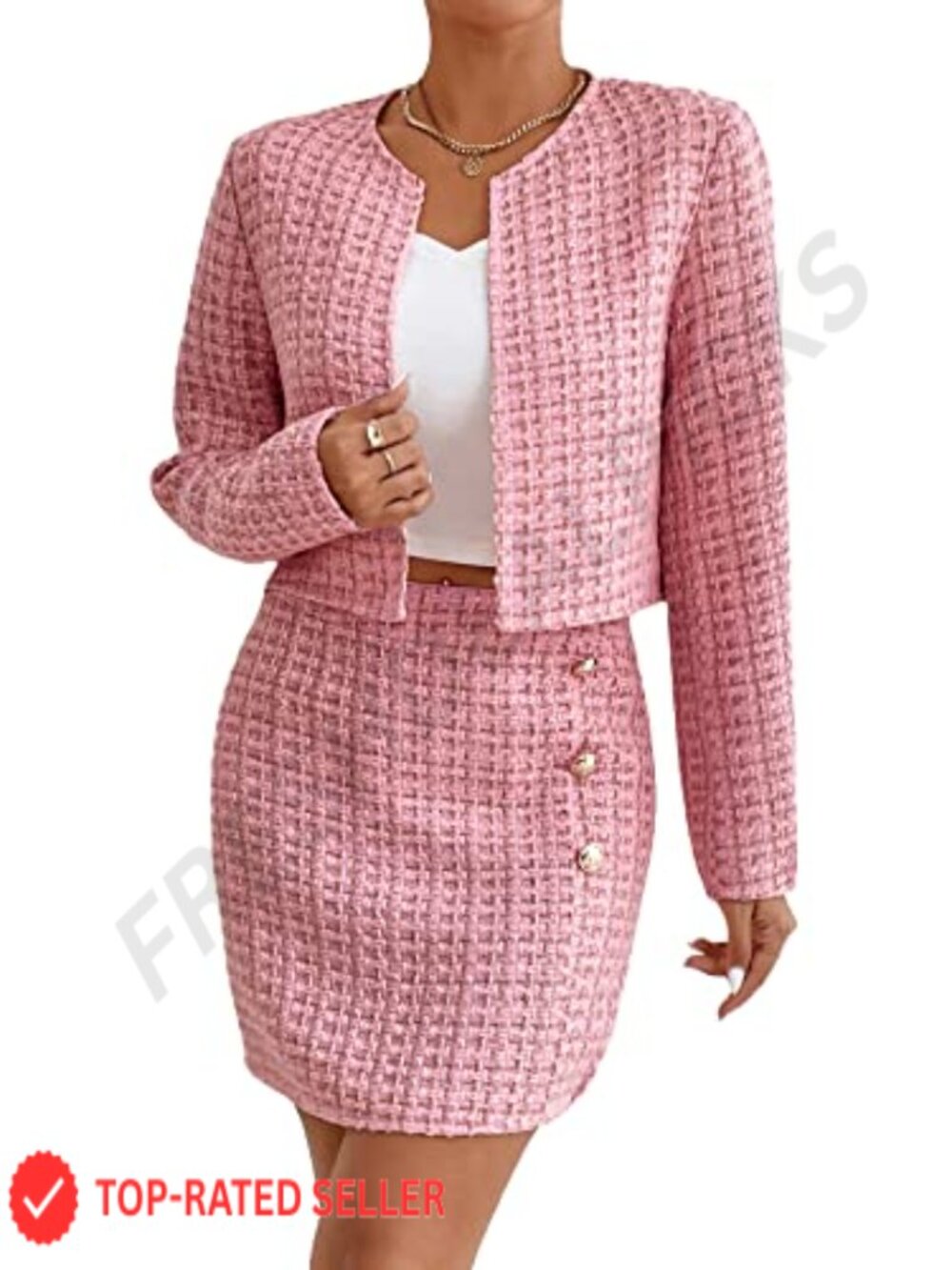 Women's 2 Piece Plaid Tweed Blazer and Skirt Set, Long Sleeve, Non-Stretch,